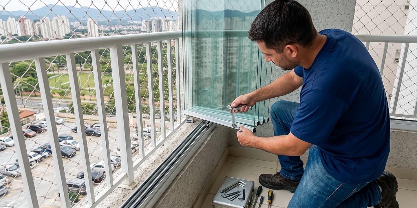 Técnico da SOS BOX ajustando cortina de vidro em sacada